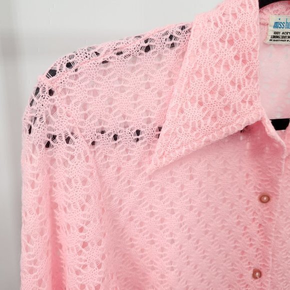 VTG 60s/70s Pink Open-Knit Button Shirt W/Dagger Collar  M/L Halloween Disco Mod - Picture 7 of 15